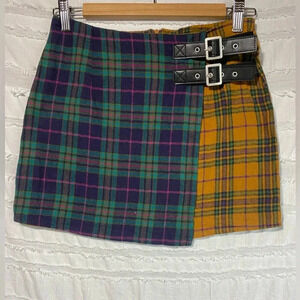 Cutest! Cotton pattern block mini Stitch & Pine faux wrap plaid skirt s fits xs